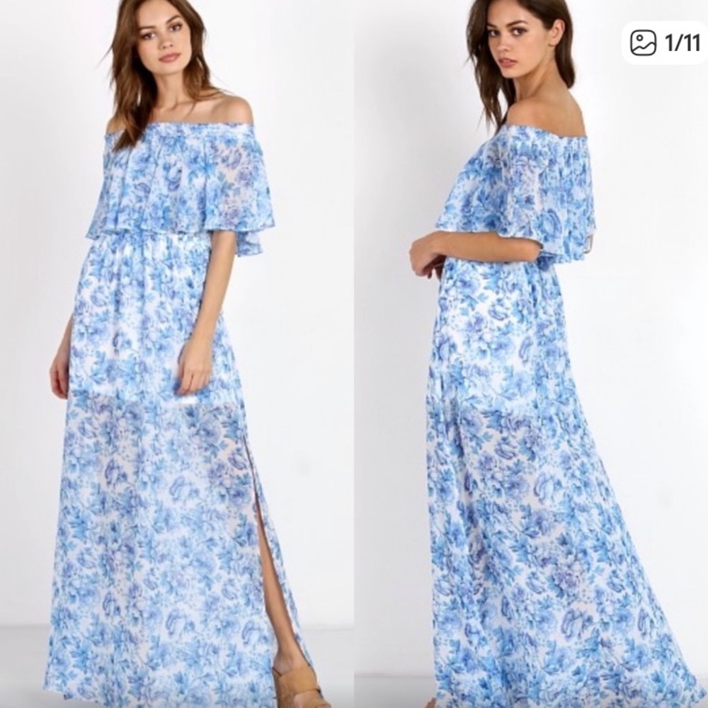 Show Me Your Mumu Hacienda Maxi Dress Mama Blues, Blue Floral Off Shoulder